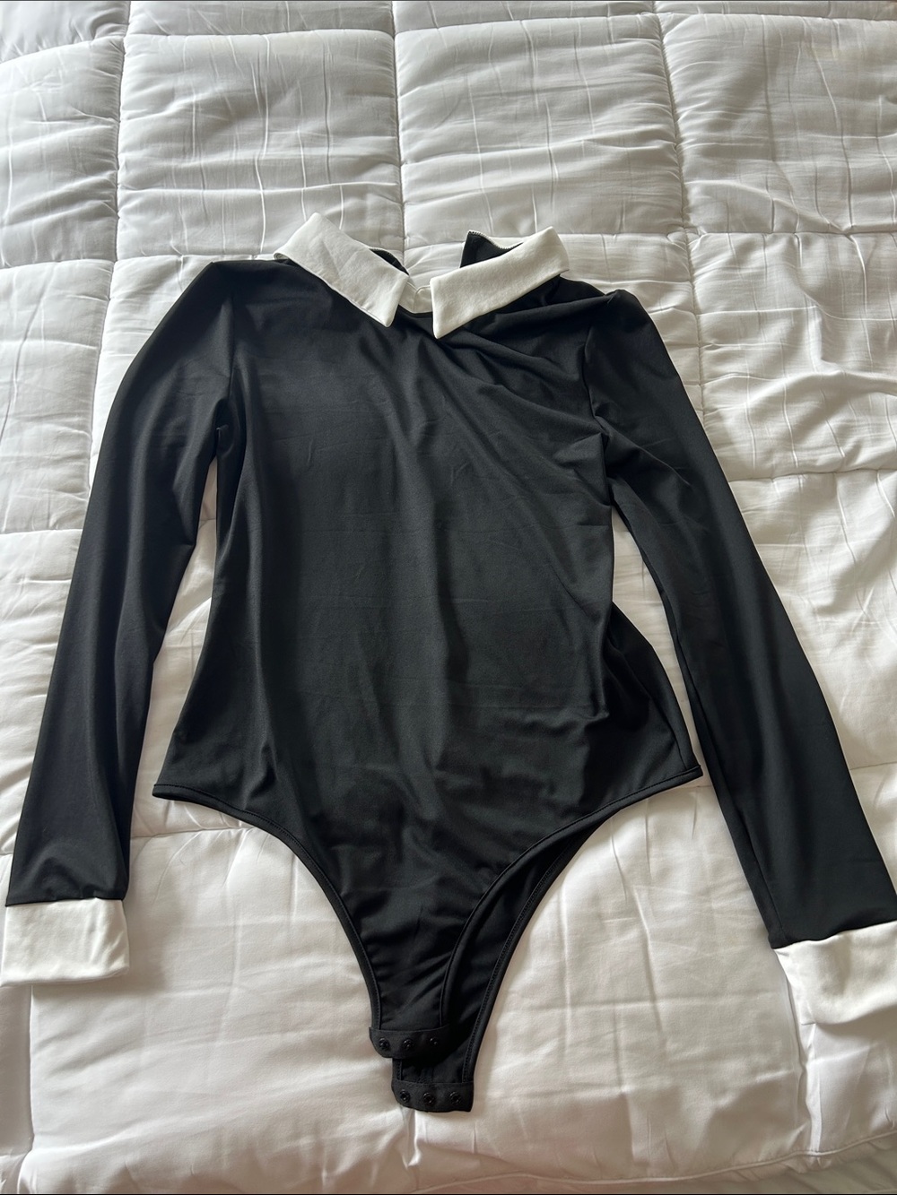SHEIN Black Long Sleeve Bodysuit with White Collar & Cuffs